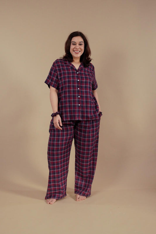 Ruby Check Cotton Women's Curve Pajama Set - Half Sleeves