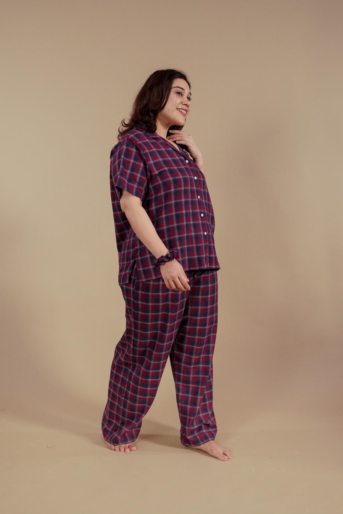 Ruby Check Cotton Women's Curve Pajama Set - Half Sleeves
