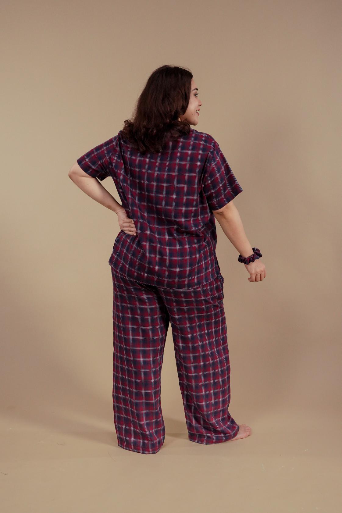 Ruby Check Cotton Women's Curve Pajama Set - Half Sleeves
