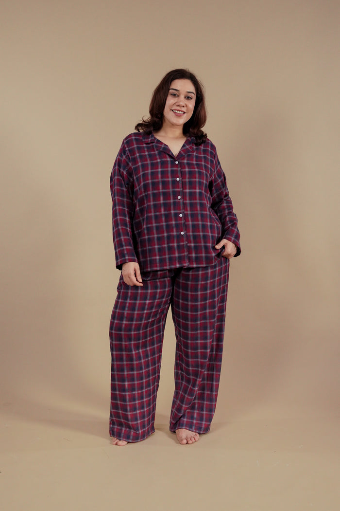 Ruby Check Cotton Women's Curve Pajama Set - Full Sleeves