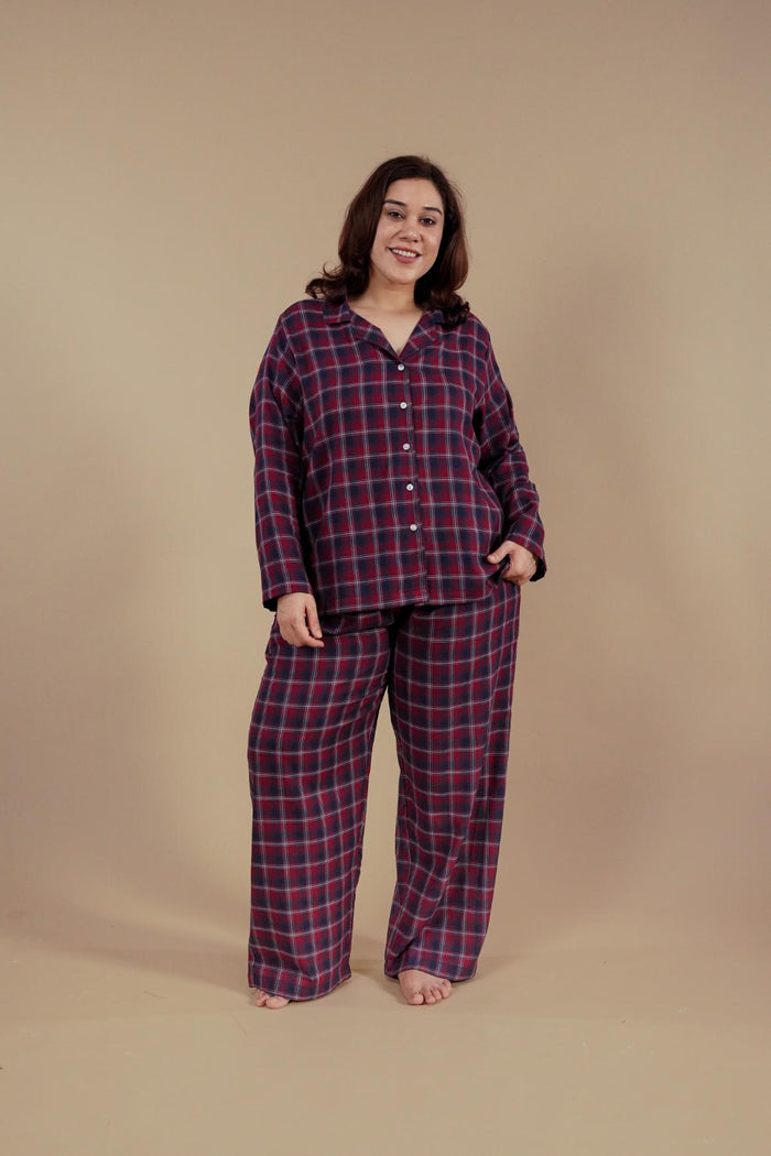 Ruby Check Cotton Women's Curve Pajama Set - Full Sleeves