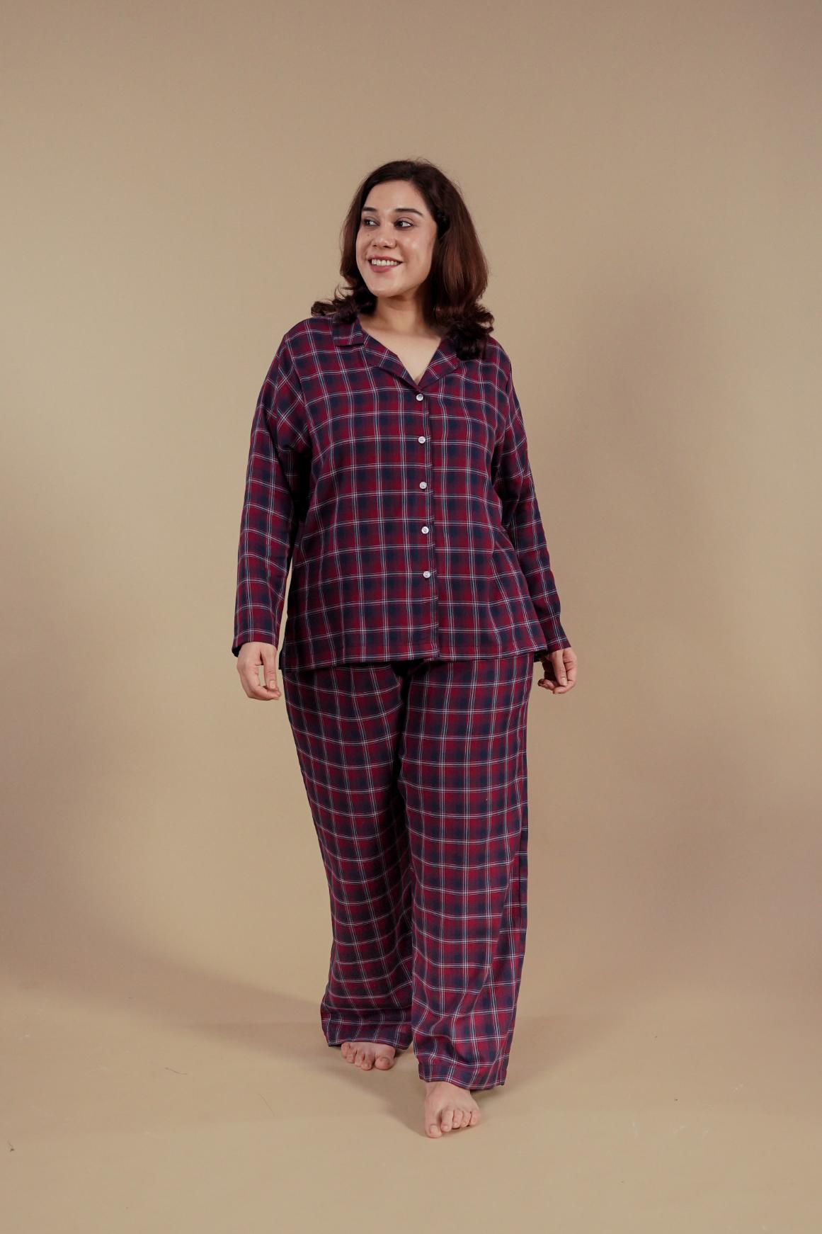 Ruby Check Cotton Women's Curve Pajama Set - Full Sleeves