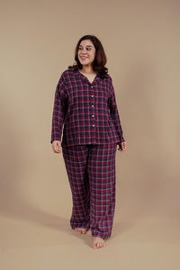 Ruby Check Cotton Women's Curve Pajama Set - Full Sleeves