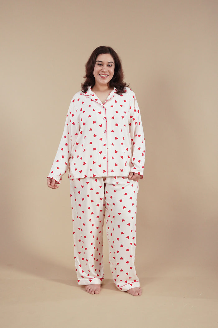 Sweetheart Print Viscose Women's Curve Pajama Set - Full Sleeves