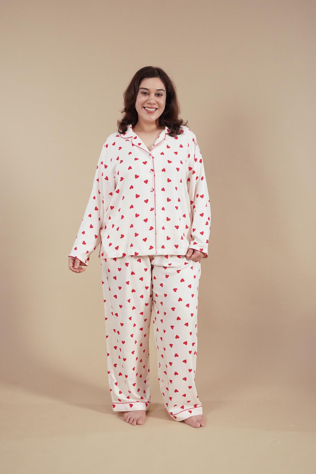 Sweetheart Print Viscose Women's Curve Pajama Set - Full Sleeves