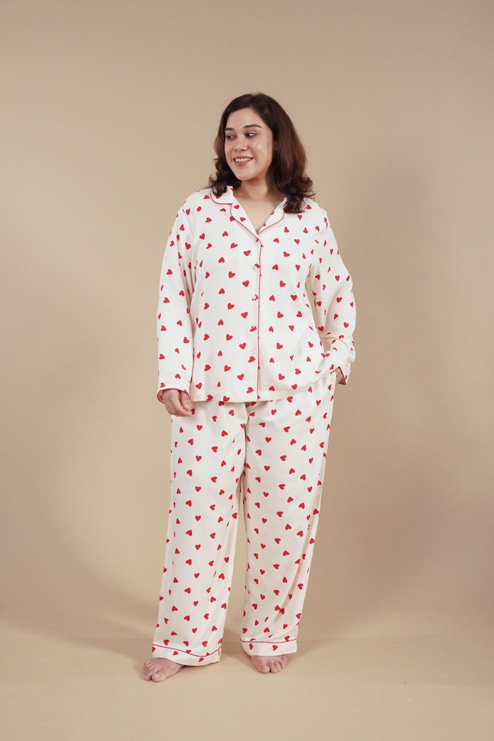 Sweetheart Print Viscose Women's Curve Pajama Set - Full Sleeves
