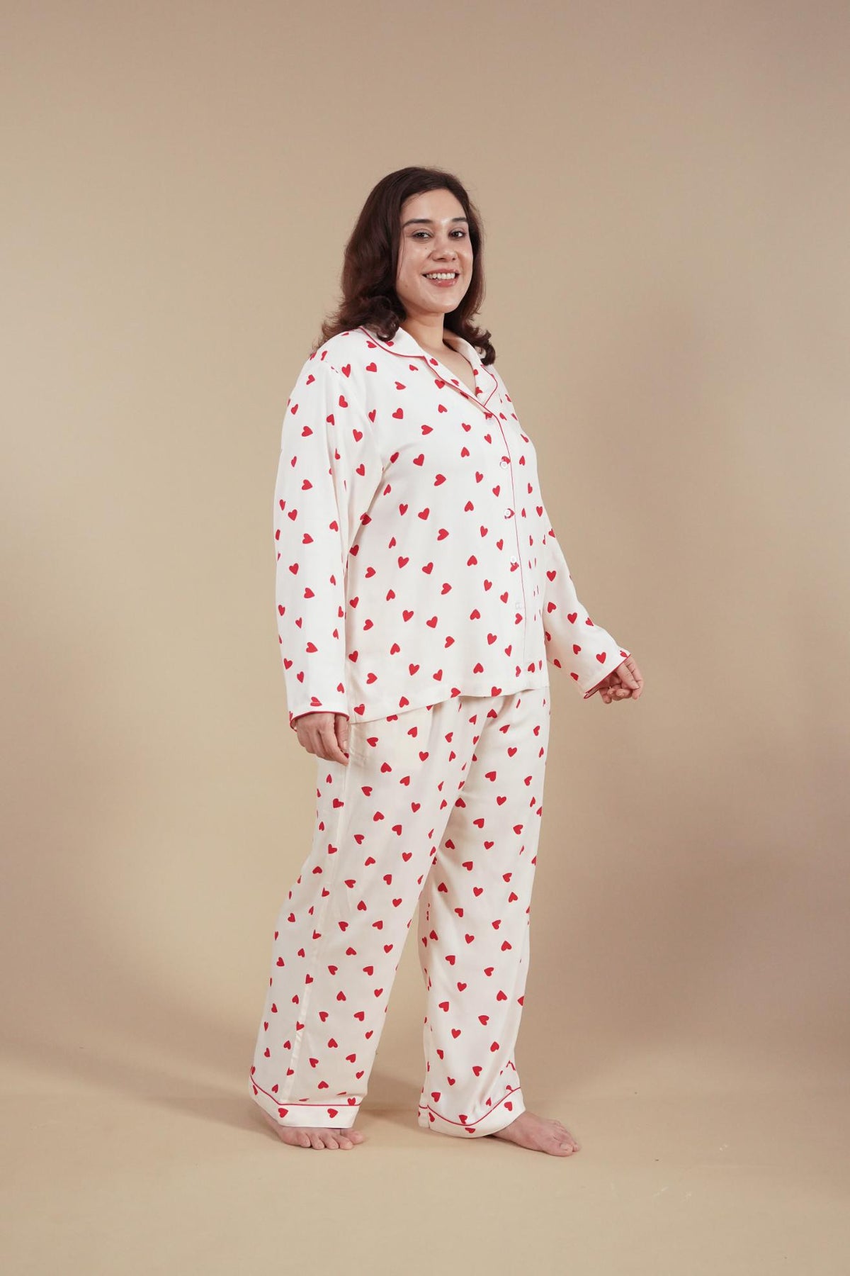 Sweetheart Print Viscose Women's Curve Pajama Set - Full Sleeves