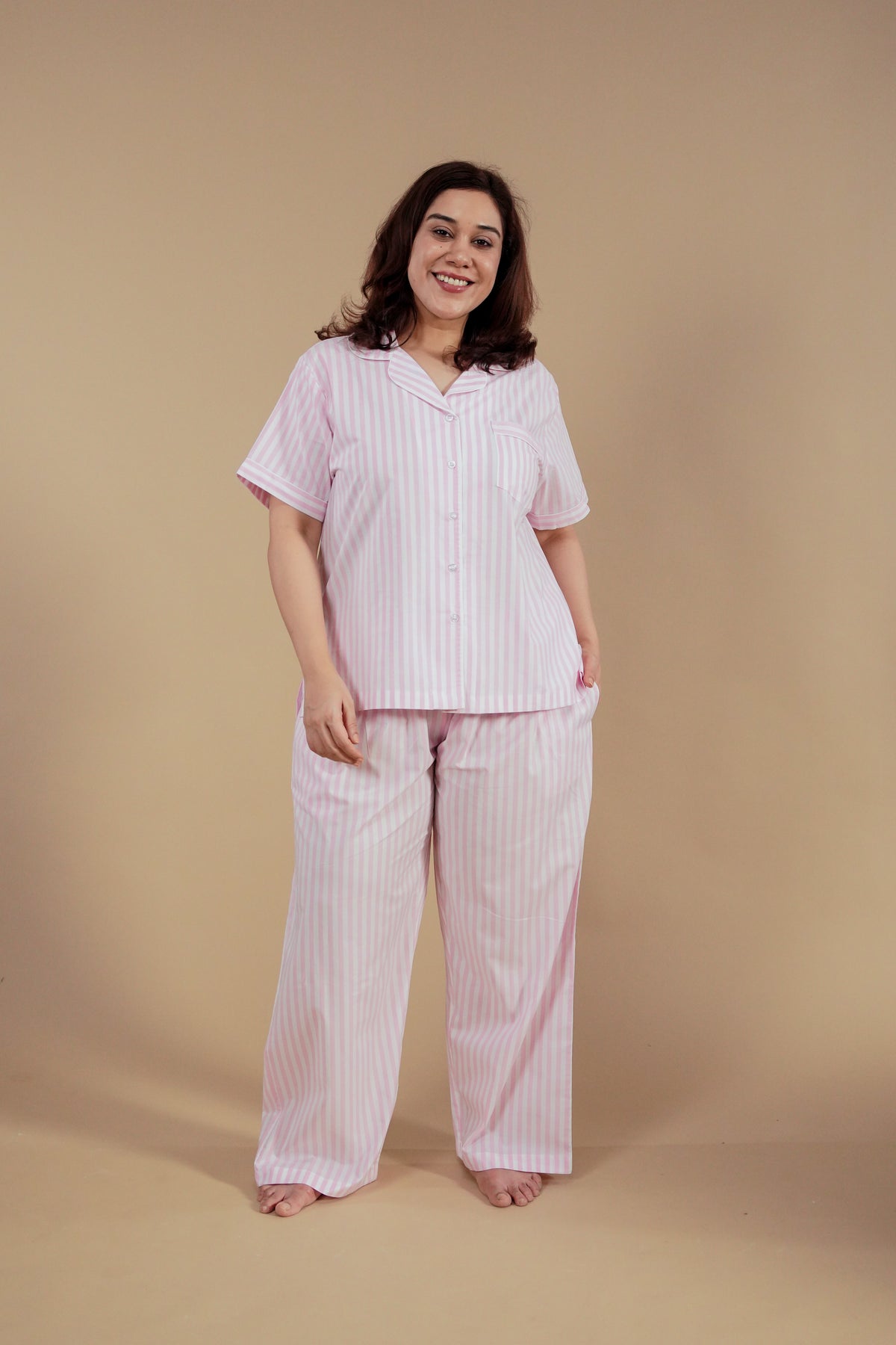 Candy Cane Pink Cotton Women's Curve Pajama Set - Half Sleeves
