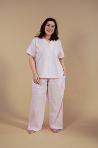 Candy Cane Pink Cotton Women's Curve Pajama Set - Half Sleeves