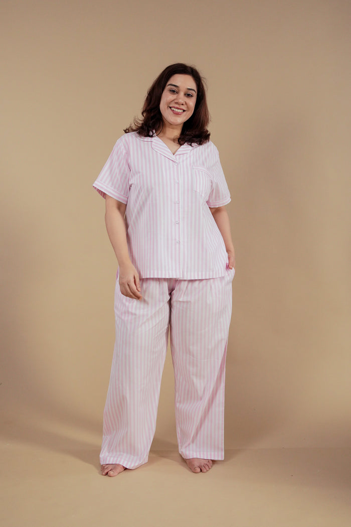 Candy Cane Pink Cotton Women's Curve Pajama Set - Half Sleeves