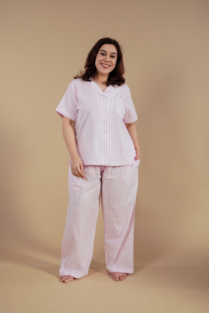 Candy Cane Pink Cotton Women's Curve Pajama Set - Half Sleeves