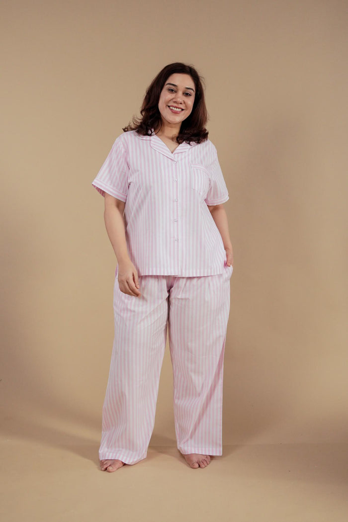 Candy Cane Pink Cotton Women's Curve Pajama Set - Half Sleeves