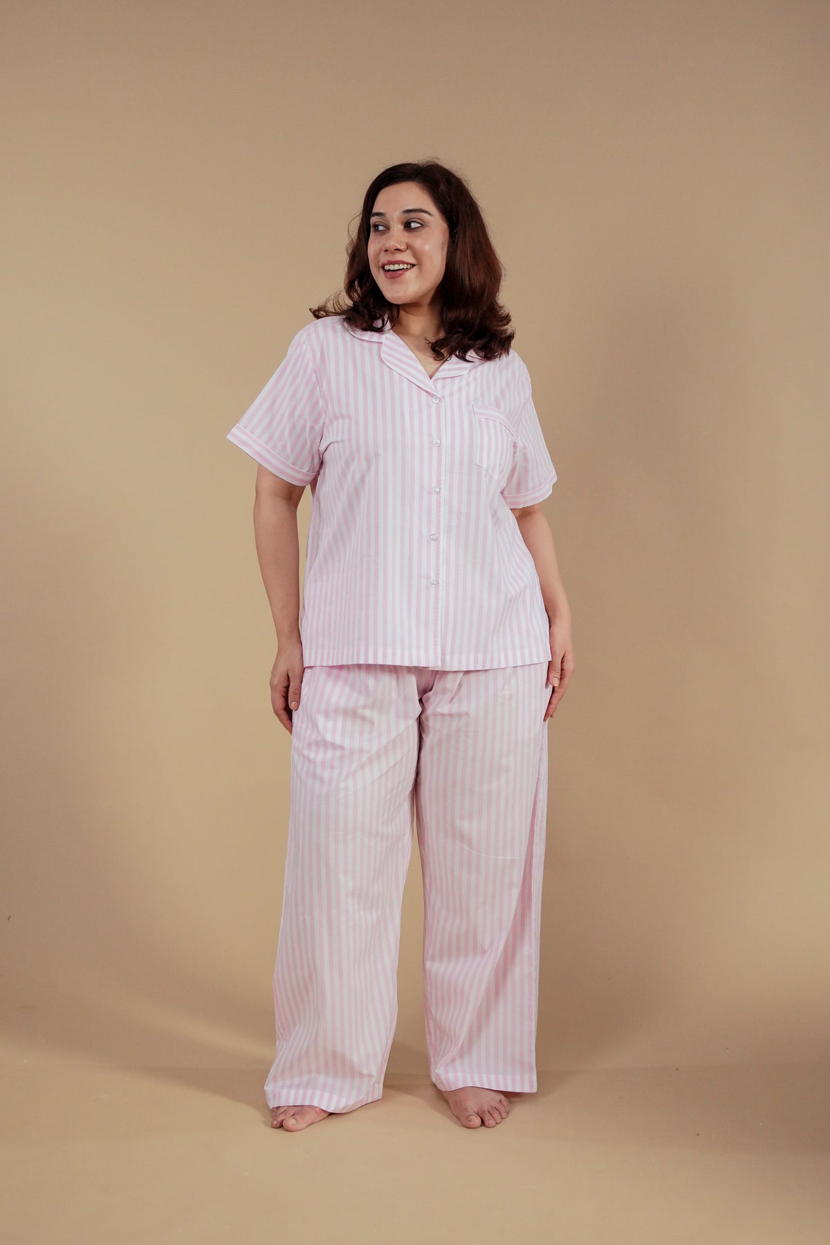 Candy Cane Pink Cotton Women's Curve Pajama Set - Half Sleeves