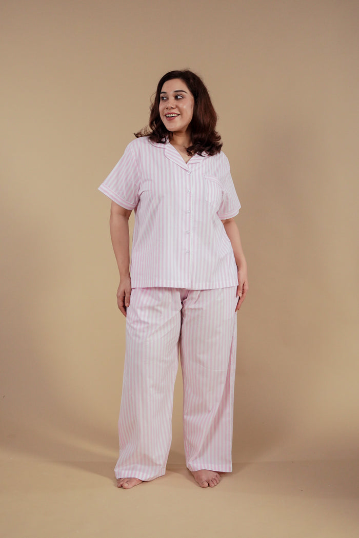 Candy Cane Pink Cotton Women's Curve Pajama Set - Half Sleeves