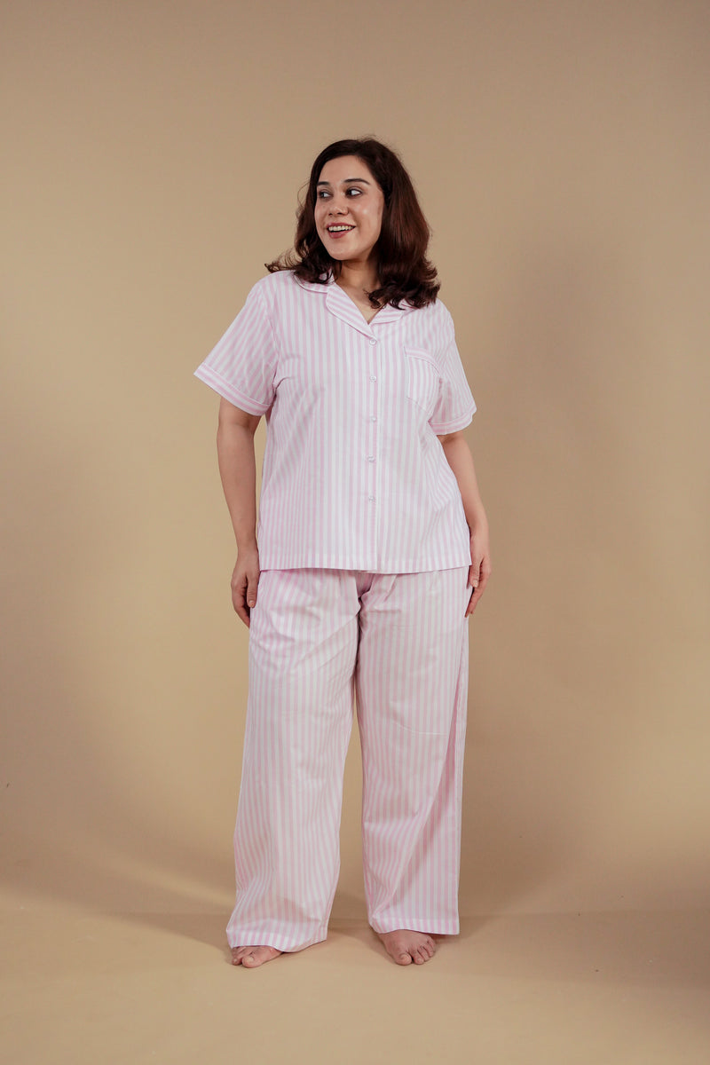 Candy Cane Pink Cotton Women's Curve Pajama Set - Half Sleeves