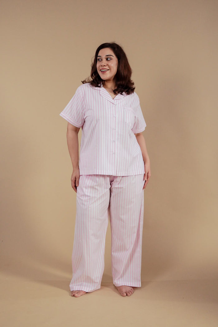 Candy Cane Pink Cotton Women's Curve Pajama Set - Half Sleeves