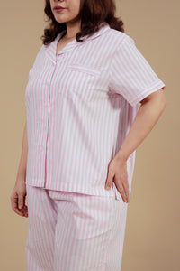 Candy Cane Pink Cotton Women's Curve Pajama Set - Half Sleeves