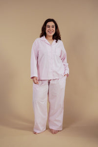Candy Cane Pink Cotton Women's Curve Pajama Set - Full Sleeves