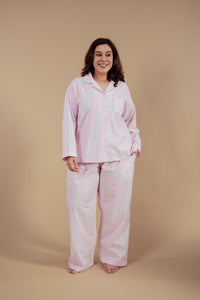 Candy Cane Pink Cotton Women's Curve Pajama Set - Full Sleeves