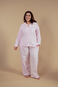 Candy Cane Pink Cotton Women's Curve Pajama Set - Full Sleeves