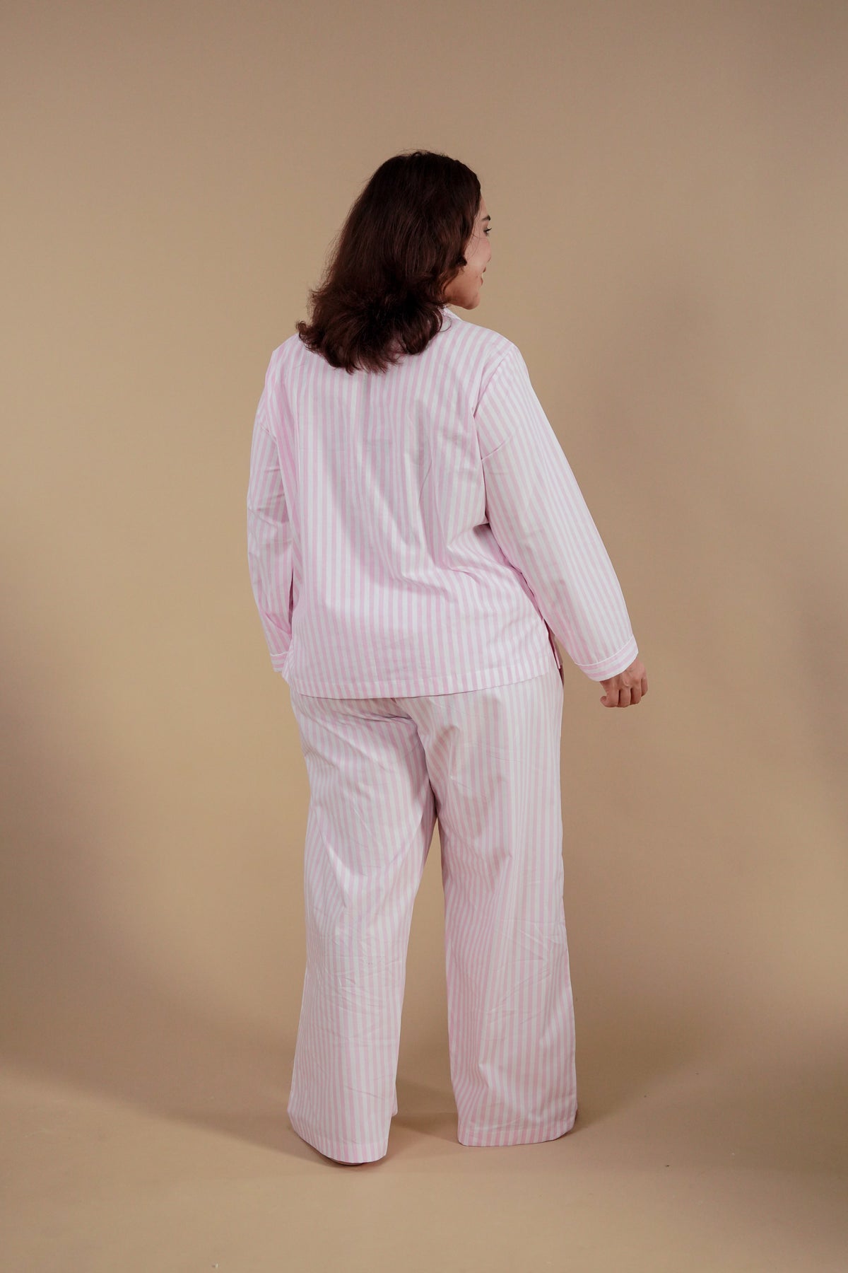 Candy Cane Pink Cotton Women's Curve Pajama Set - Full Sleeves