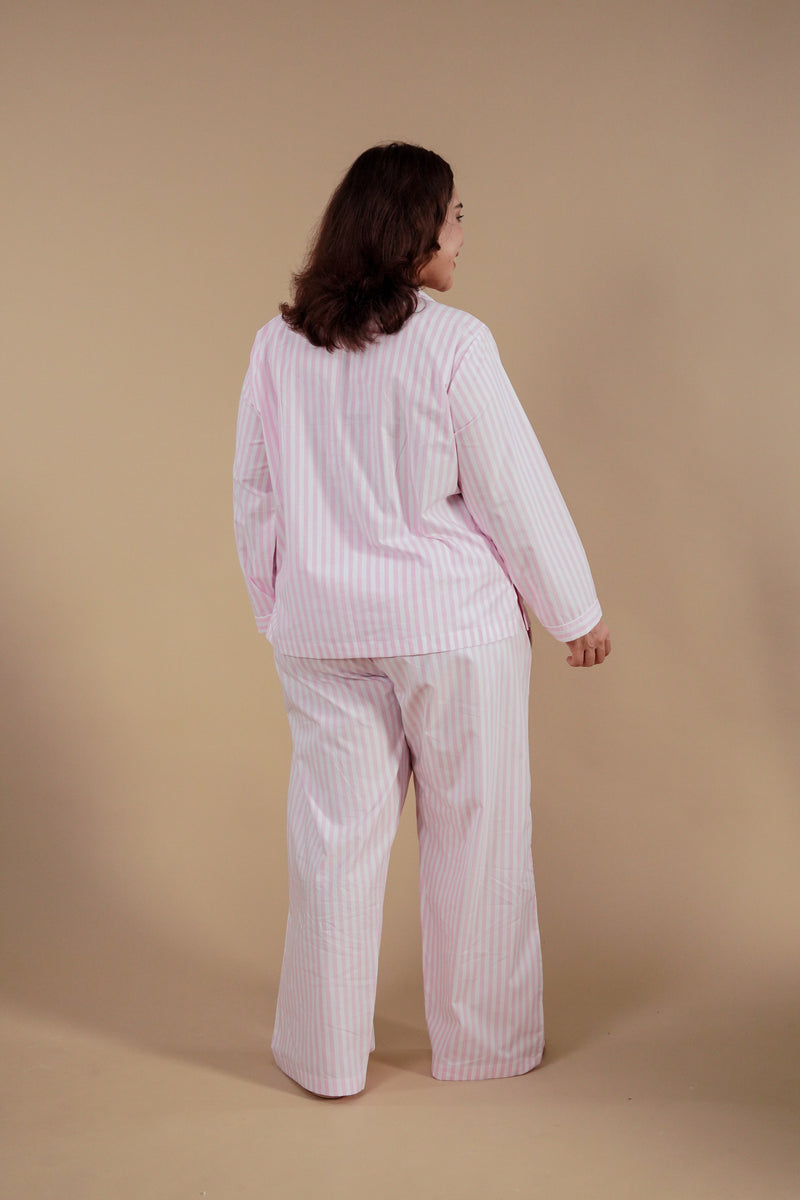 Candy Cane Pink Cotton Women's Curve Pajama Set - Full Sleeves