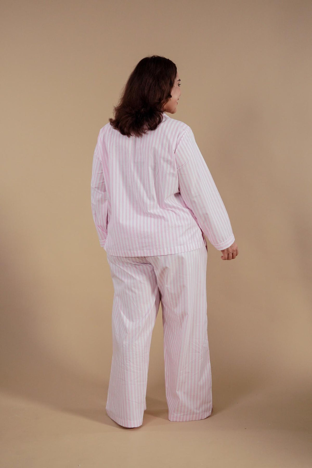 Candy Cane Pink Cotton Women's Curve Pajama Set - Full Sleeves