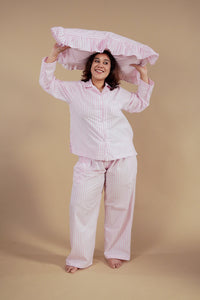Candy Cane Pink Cotton Women's Curve Pajama Set - Full Sleeves