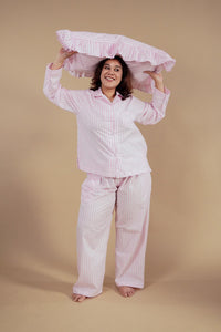 Candy Cane Pink Cotton Women's Curve Pajama Set - Full Sleeves