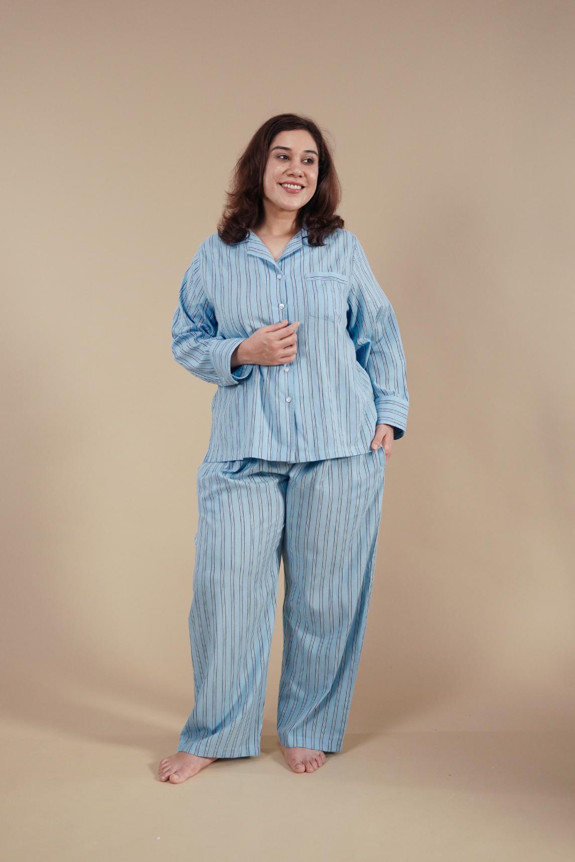 Boyfriend Stripe Cotton Women's Curve Pajama Set - Full Sleeves