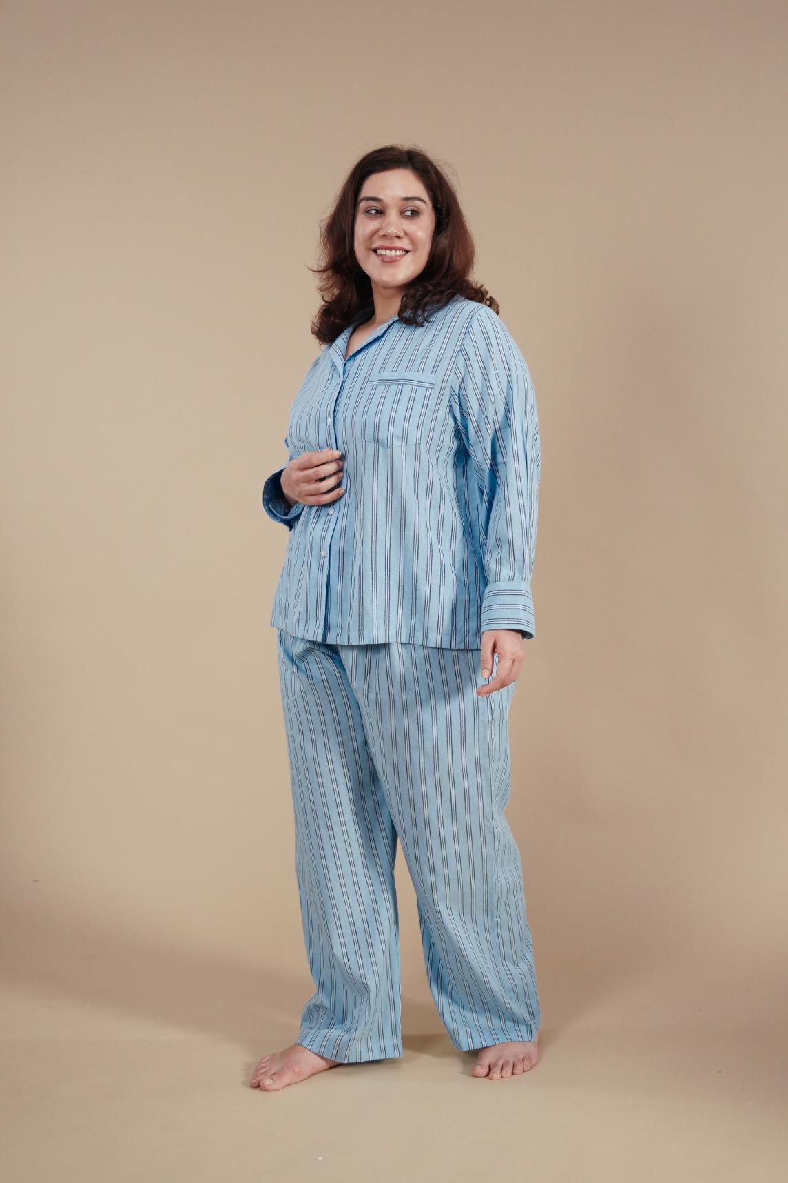 Boyfriend Stripe Cotton Women's Curve Pajama Set - Full Sleeves