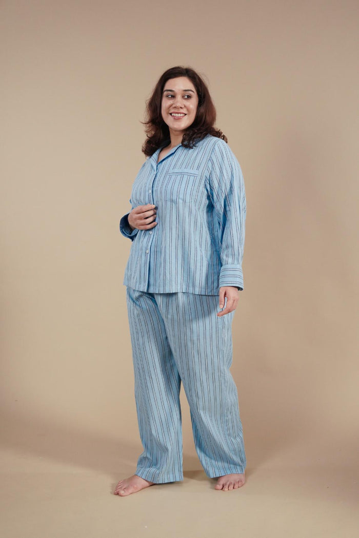 Boyfriend Stripe Cotton Women's Curve Pajama Set - Full Sleeves