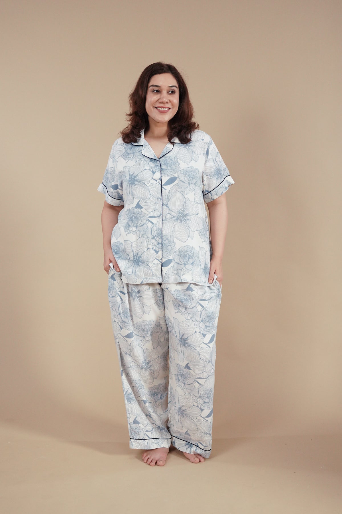Ivy Blue Floral Cotton Blend Women's Curve Pajama Set- Half Sleeves