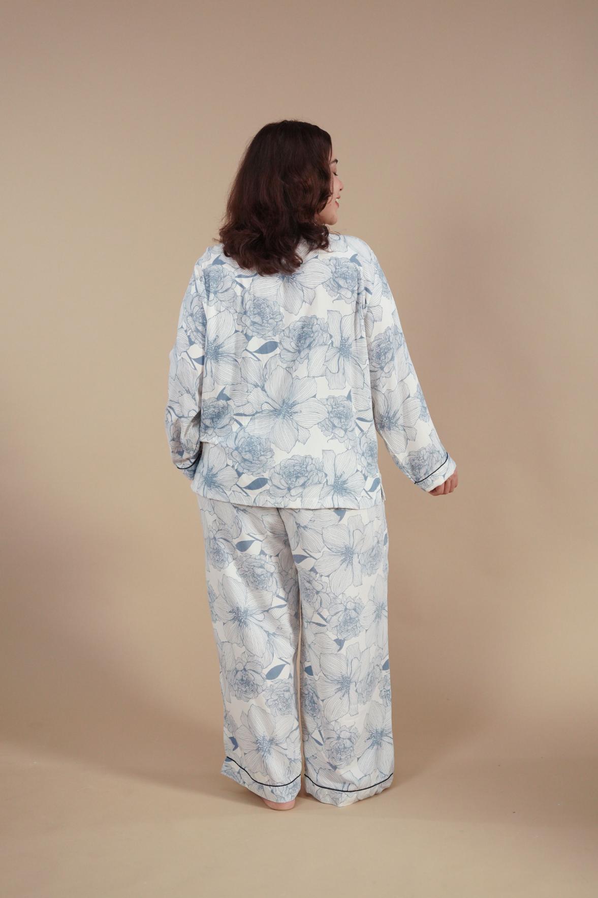 Ivy Blue Floral Cotton Blend Women's Curve Pajama Set- Full Sleeves