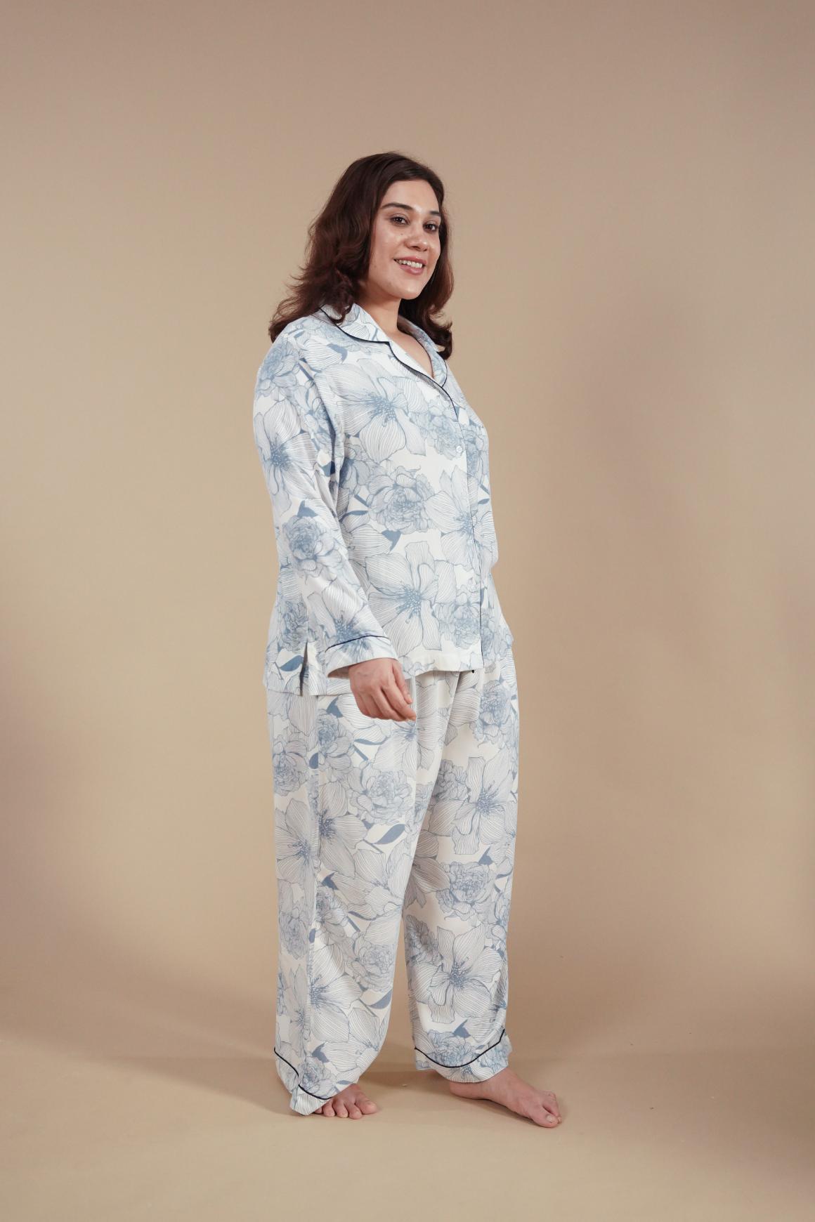 Ivy Blue Floral Cotton Blend Women's Curve Pajama Set- Full Sleeves