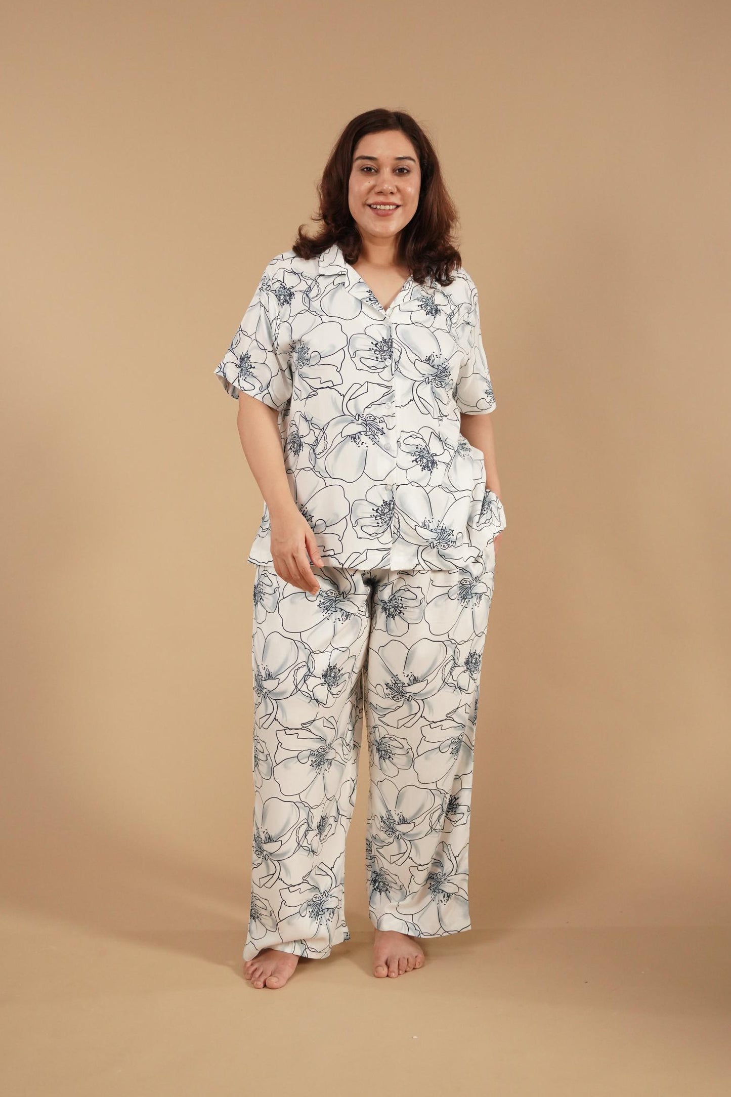 Grace White Floral Printed Viscose Twill Women's Curve Pajama Set- Half Sleeves