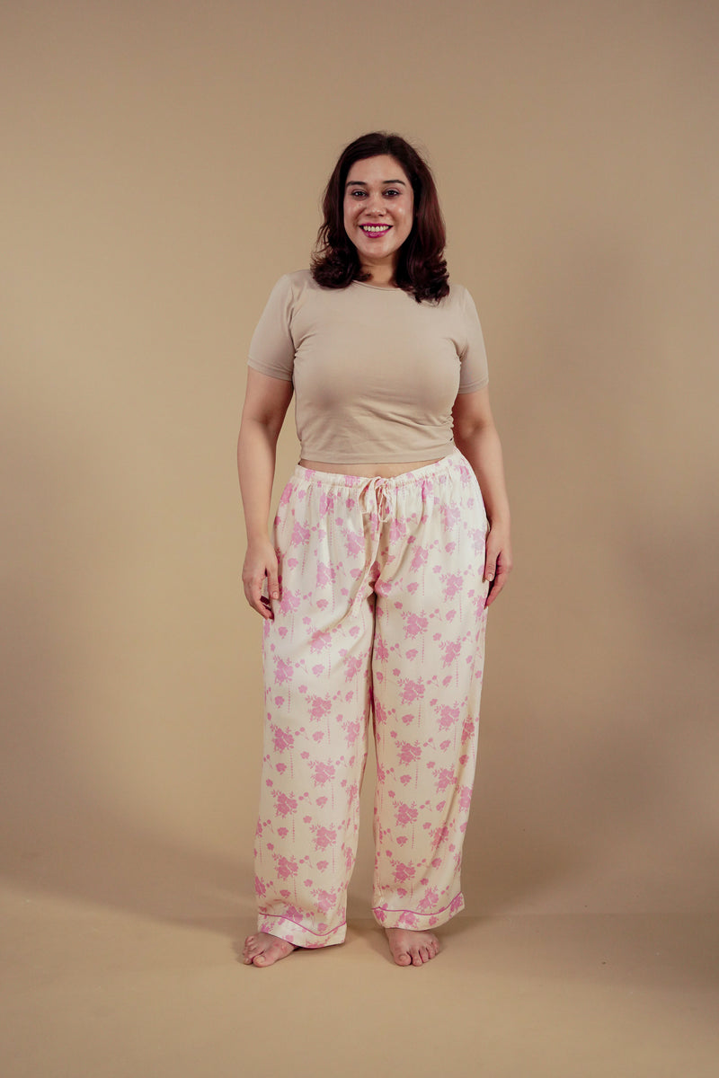 Beige Blossom Floral Printed Viscose Twill Women's Curve Pajama