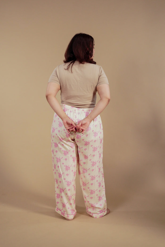 Beige Blossom Floral Printed Viscose Twill Women's Curve Pajama