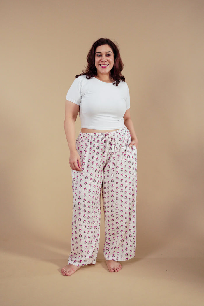 Aira White Floral Printed Viscose Women's Curve Pajama