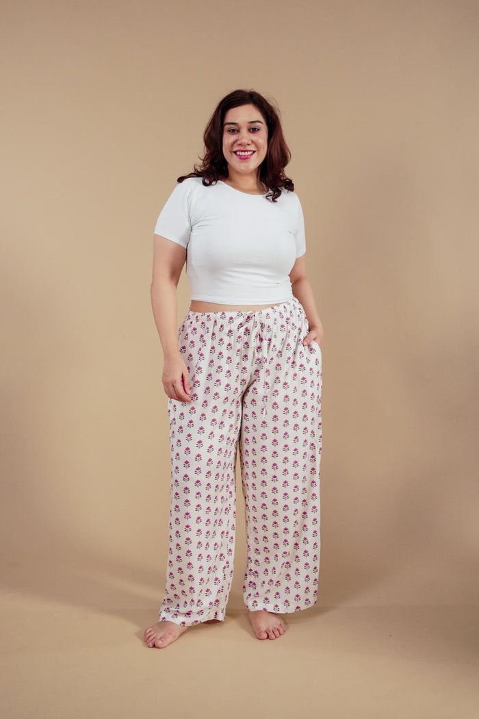 Aira White Floral Printed Viscose Women's Curve Pajama