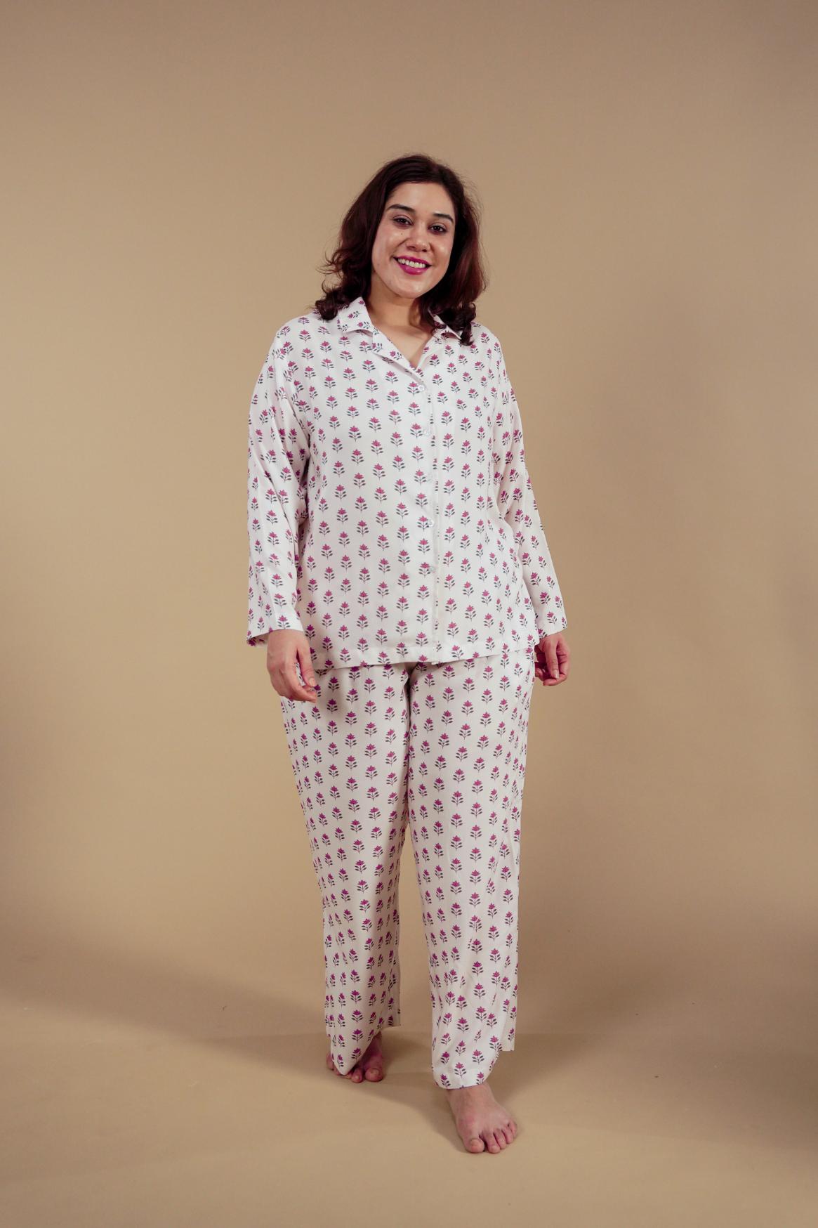 Aira White Floral Printed Viscose Women's Curve Pajama Set - Full Sleeves