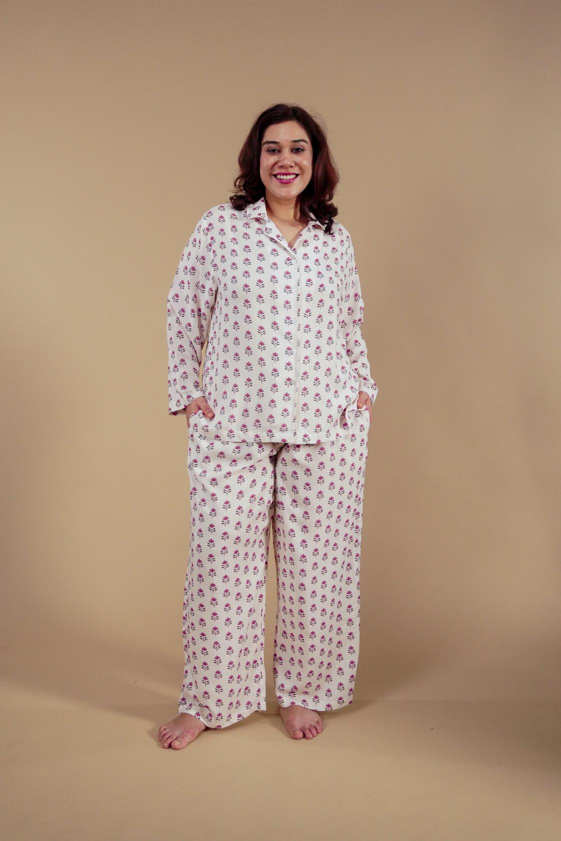 Aira White Floral Printed Viscose Women's Curve Pajama Set - Full Sleeves