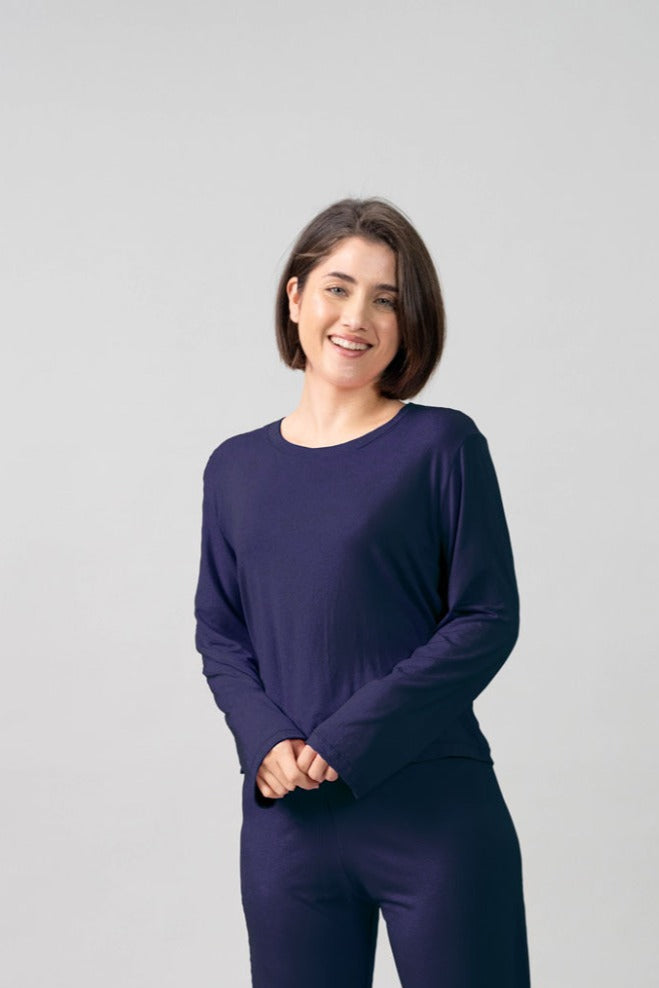 Navy Butter-Soft Cotton Knit Top - Full Sleeves