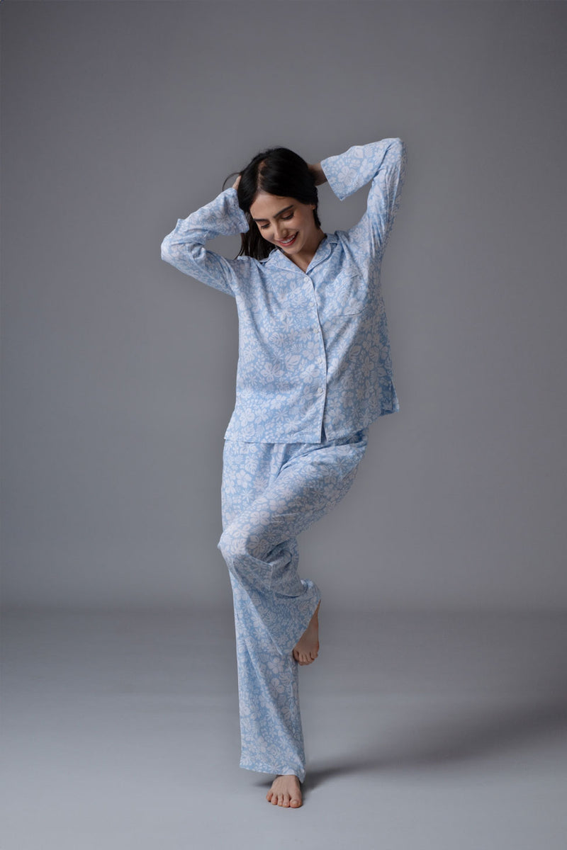 Bella Blue Printed Cotton Blend Women's Pajama Set - Full Sleeves
