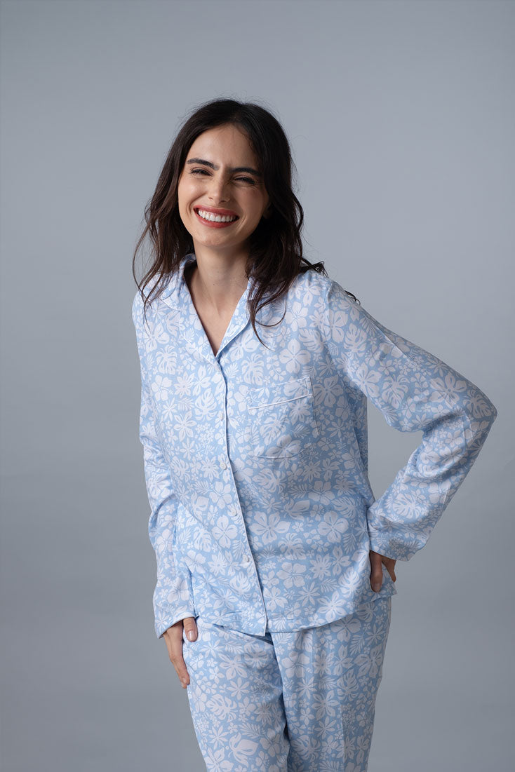 Bella Blue Printed Cotton Blend Women s Pajama Set Full Sleeves Massio