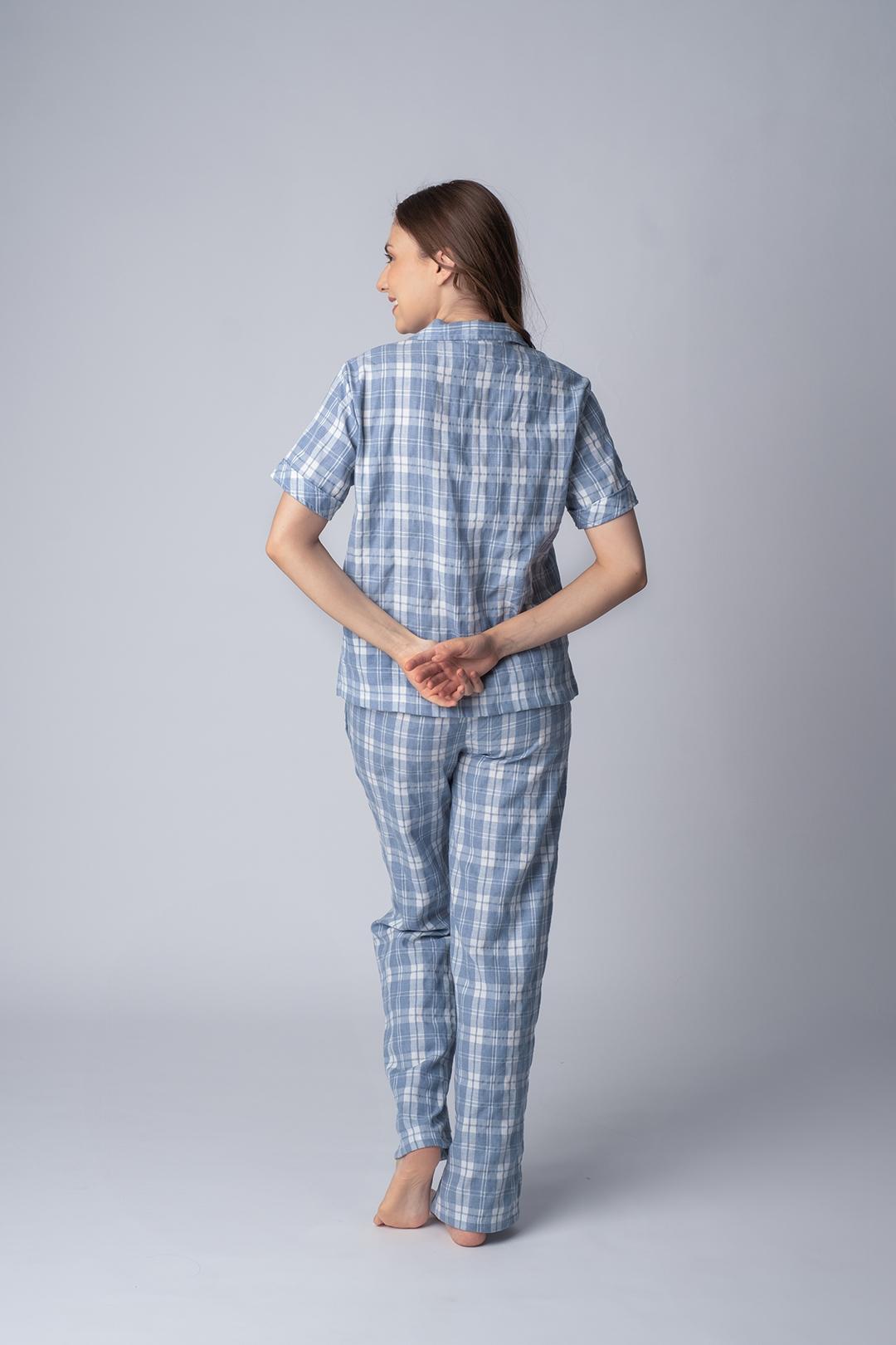 Dusty Blue Checked Soft Cotton Women's Pajama Set - Half Sleeves