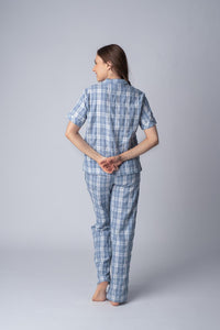 Dusty Blue Checked Soft Cotton Women's Pajama Set - Half Sleeves
