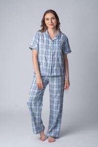 Dusty Blue Checked Soft Cotton Women's Pajama Set - Half Sleeves