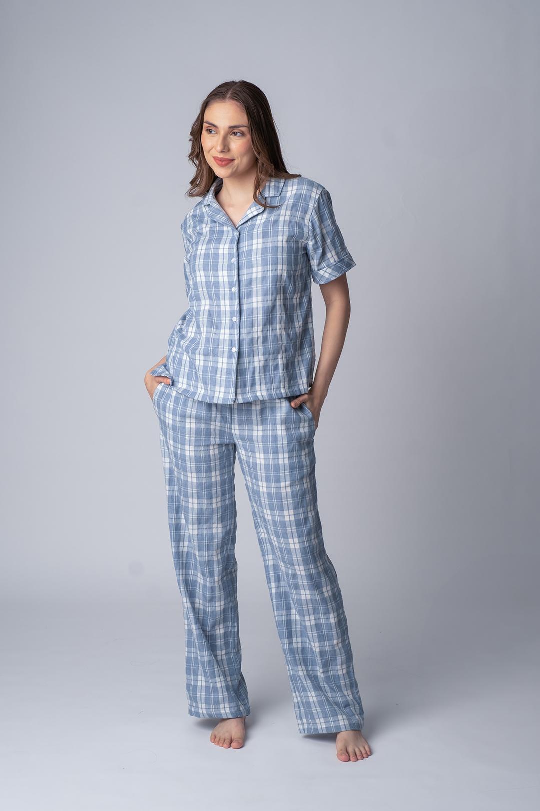 Dusty Blue Checked Soft Cotton Women's Pajama Set - Half Sleeves