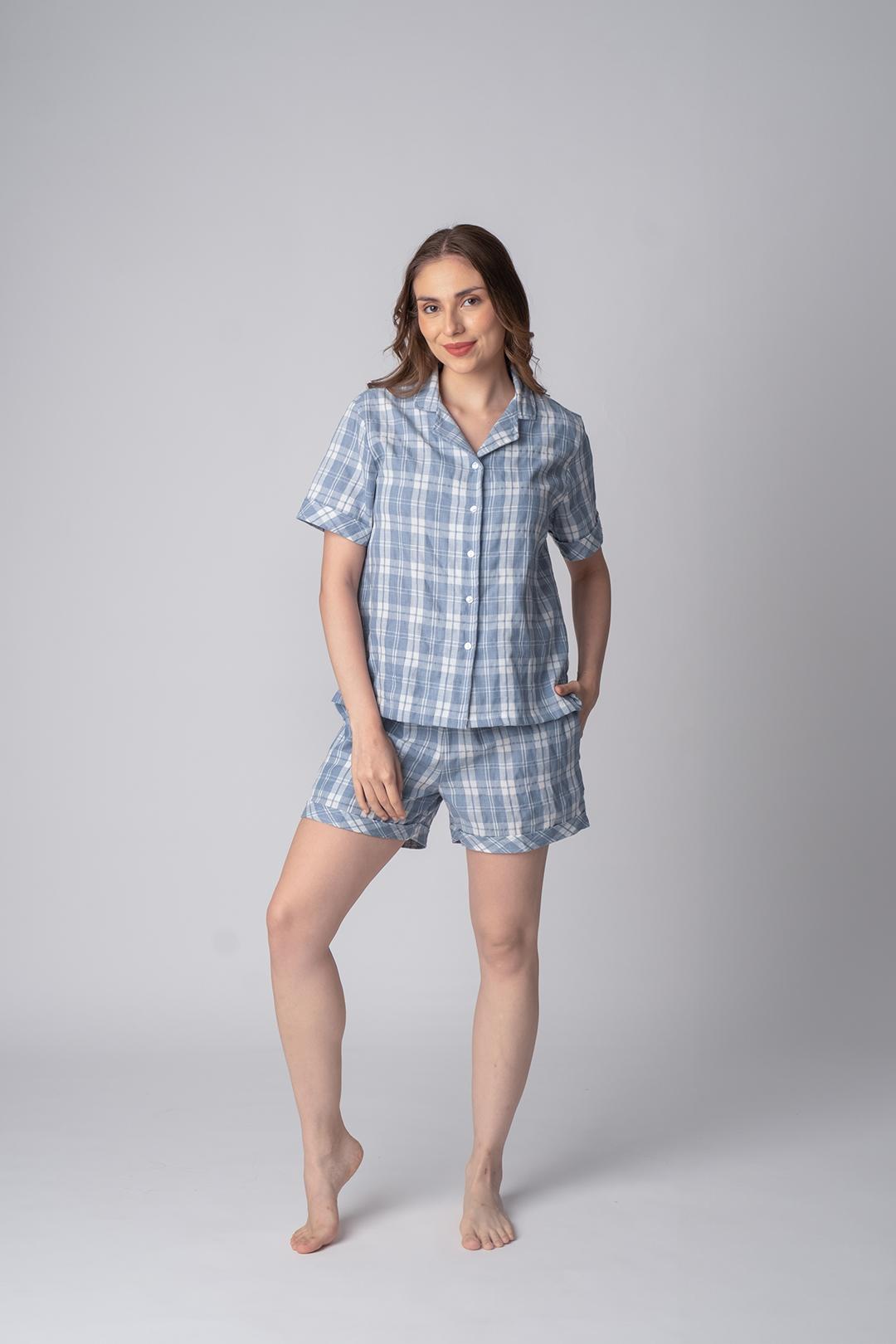 Dusty Blue Checked Soft Cotton Women's Shorts Set